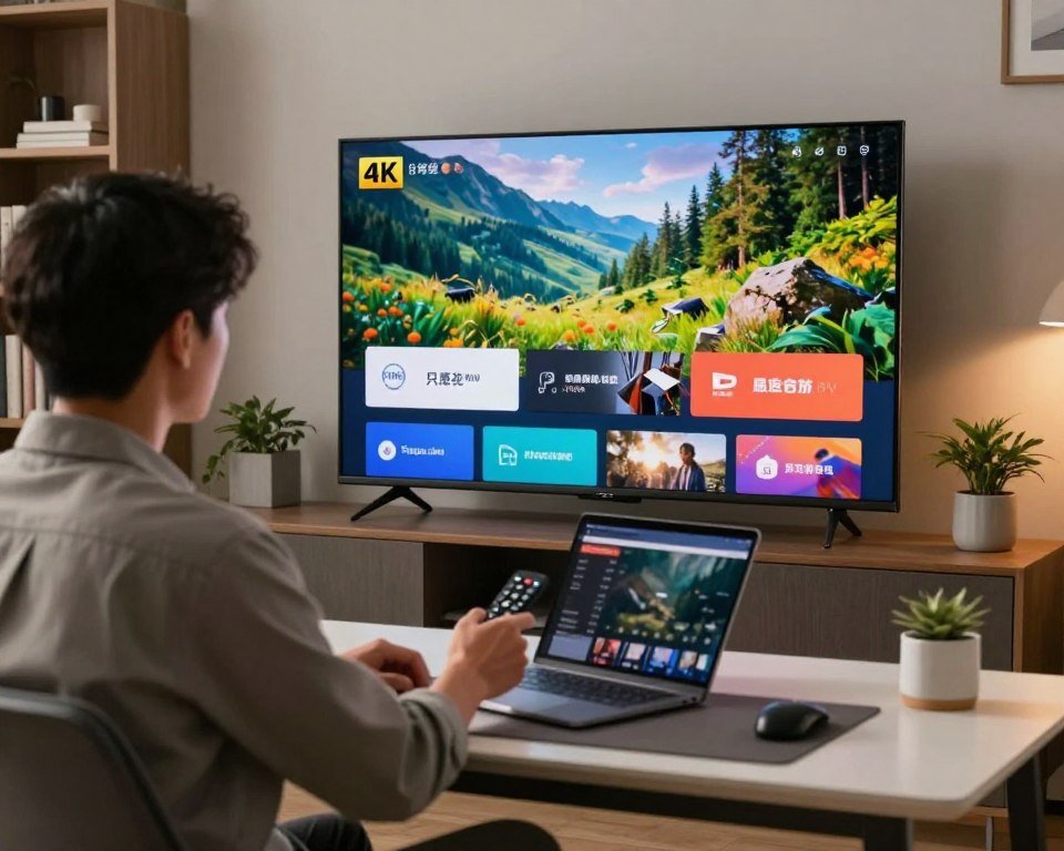 A modern home office scene depicting a professional evaluating streaming quality on a large 4K television. In the foreground, a focused individual, dressed in smart casual attire, sits at a sleek desk with a laptop, using a remote control to navigate streaming options. The middle layer features the vibrant TV screen displaying a high-definition nature scene, showcasing 4K clarity with vibrant colors and intricate details. In the background, soft lighting accentuates the cozy atmosphere, with bookshelves and decorative plants adding warmth. The angle captures the viewer's perspective as if they are part of the evaluation process, ensuring a conducive environment for assessing streaming quality. The mood is focused yet inviting, reflecting the clarity and professionalism associated with IPTV experiences.