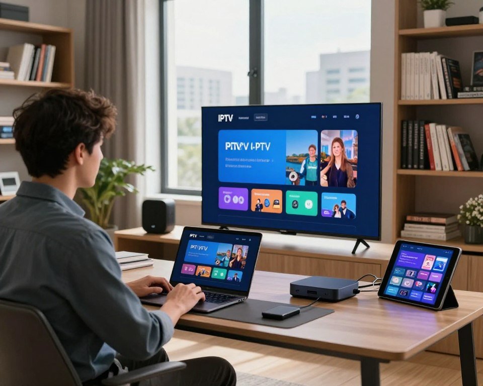 A modern home office set up for testing and transitioning to IPTV services. In the foreground, a professional individual dressed in smart casual attire, sitting at a sleek desk with a laptop displaying a user-friendly IPTV interface. Various devices like a smart TV, streaming box, and tablet are arranged around the workspace, showcasing connectivity options. In the middle ground, a large window allows soft, natural light to flood in, creating a warm and inviting atmosphere. Bookshelves filled with tech guides and IPTV manuals flank the sides. In the background, a typical urban landscape is visible through the window, representing the modern digital age. The scene conveys a sense of focus and anticipation as one embarks on the journey of IPTV transition.