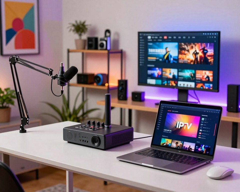 A modern home office setting featuring a sleek desk with professional streaming hardware setup, including a high-end webcam, a microphone on a boom arm, and a compact audio mixer. In the foreground, a laptop displays a vibrant IPTV interface, while vibrant LED lights enhance the mood, casting a welcoming glow. The middle ground includes shelves with various tech gadgets and a large monitor showing streaming service options. In the background, a cozy, minimalist room with vibrant wall art and houseplants creates an inviting atmosphere. The image is brightly lit, emphasizing clarity and focus on the hardware. Shot with a wide-angle lens to capture the entire workspace, the scene conveys a professional yet approachable mood, ideal for illustrating tech-savvy decisions.