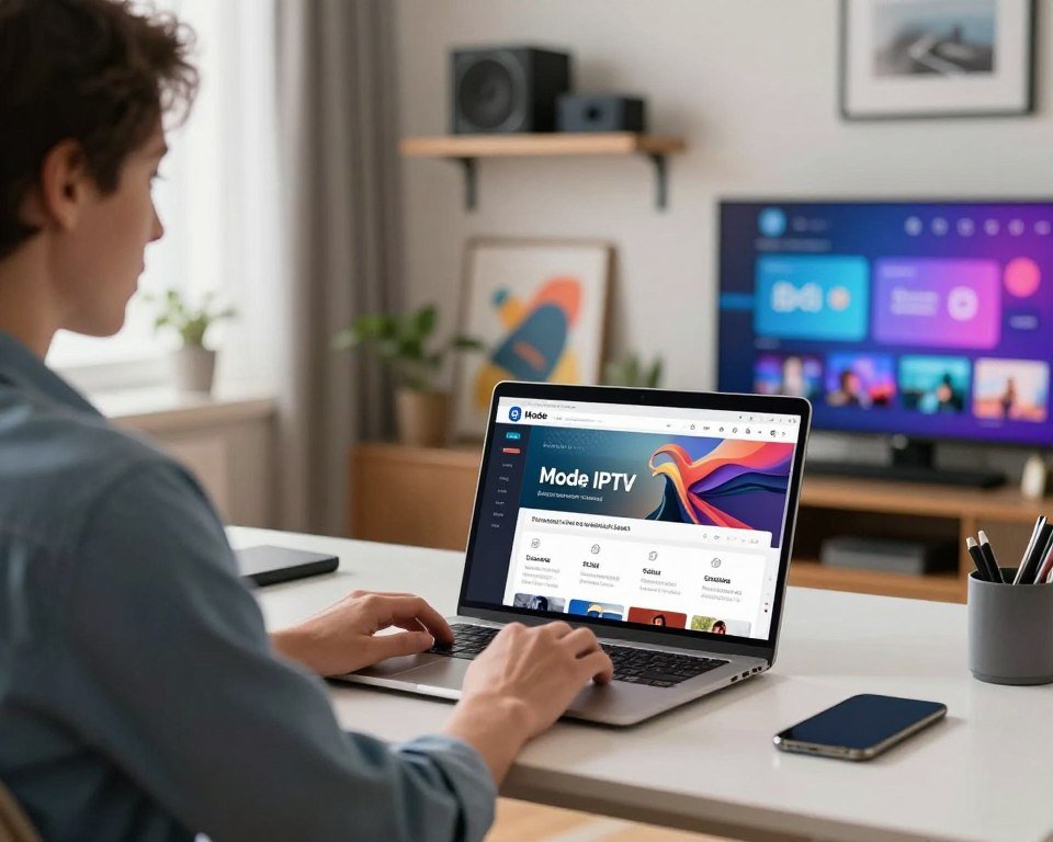 A modern home office setting featuring an individual in professional attire sitting at a sleek desk, engaged in a video call on a laptop to demonstrate subscribing to a streaming service. In the foreground, show the laptop screen displaying the Mode IPTV subscription page with clear step-by-step instructions. In the middle ground, include vibrant decor that evokes a tech-savvy atmosphere, like digital screens with streaming icons and abstract art. The background features soft-focus shelves with tech gadgets and DVDs, adding depth. The lighting should be bright and inviting, with natural light streaming through a window, creating a productive and friendly mood. Capture the scene from a slightly elevated angle to emphasize the action of subscribing and the workspace ambiance.