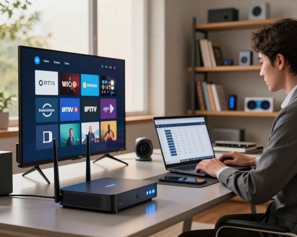 A modern home office setting showcasing various hardware components arranged neatly on a sleek desk. In the foreground, a high-performance router with glowing lights, alongside a streaming device, is connected to a smart TV displaying icons of popular streaming apps. In the middle, an individual in professional attire is examining a laptop, carefully analyzing compatibility charts on the screen. The background features a large window with natural light pouring in, casting a soft glow around the room, and shelves filled with tech books and gadgets. The atmosphere is focused and innovative, emphasizing the integration of various devices for seamless IPTV streaming. The image should be captured with a shallow depth of field to emphasize the foreground elements, using soft, diffused lighting to create a warm and inviting space.