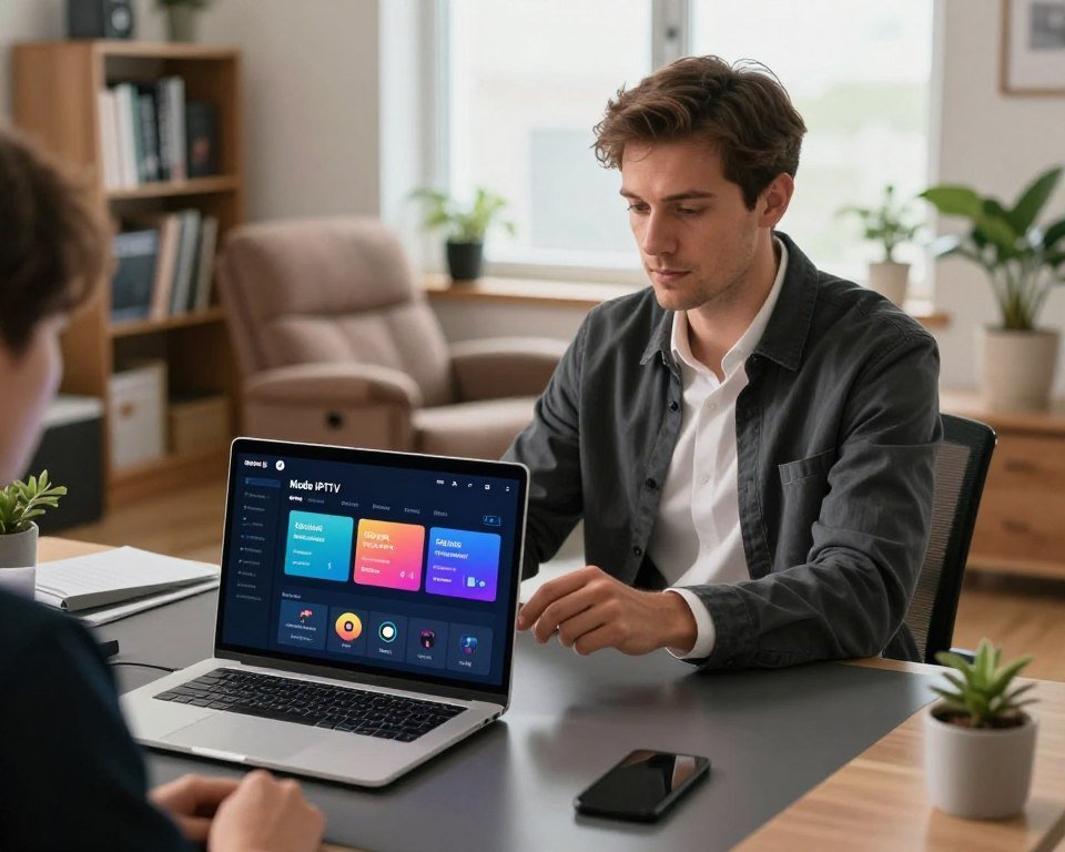 A modern home office setup featuring a person in professional business attire intently configuring a streaming service on a laptop. In the foreground, there’s a sleek desk with the laptop open, displaying the Mode IPTV interface. The middle layer includes the individual, a Caucasian male with short brown hair, adjusting settings on the screen with a focused expression. The background showcases a cozy room with a comfortable recliner, a bookshelf filled with tech manuals, and a window allowing soft natural light to illuminate the space. There are potted plants adding a touch of greenery. The overall mood is focused and professional, emphasizing a seamless technology setup experience.