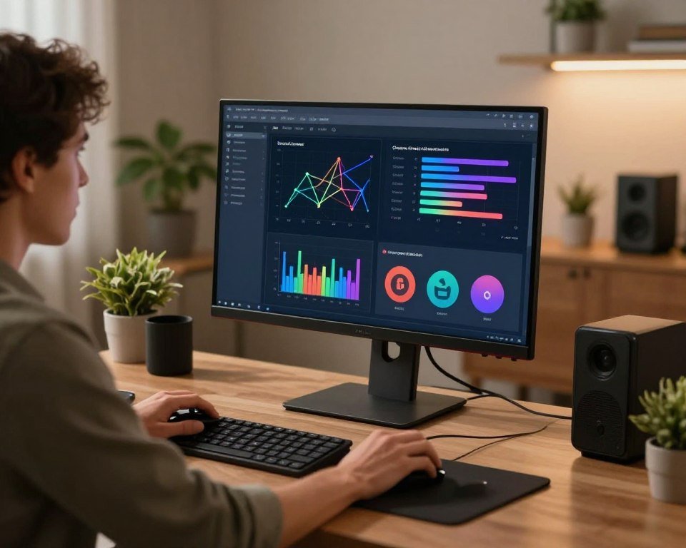 A modern home office setup featuring a sleek computer monitor displaying an interface for optimizing streaming connection settings. In the foreground, a focused individual in smart casual clothing is intently adjusting the settings using a mouse and keyboard. The middle features colorful graphs and network signal bars on the screen, symbolizing enhanced connectivity. In the background, a cozy room with soft, ambient lighting creates an inviting atmosphere, accentuated by houseplants and tech gadgets. The scene captures a sense of concentration and productivity, highlighting the importance of superior streaming performance in enjoying a premium IPTV experience. The image should convey a warm, professional vibe with a slight depth of field effect to emphasize the subject.