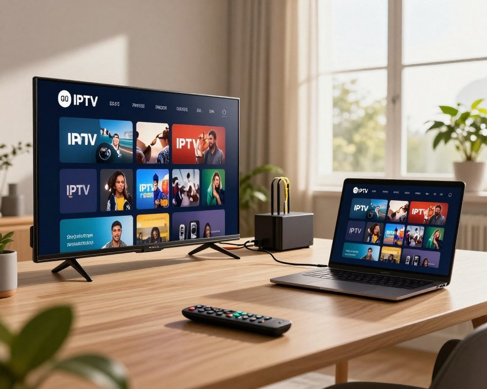 A modern home office setup focused on IPTV service optimization. In the foreground, a sleek, high-end television displaying a vibrant IPTV channel interface, with a remote control beside it. In the middle, an organized desk featuring a laptop, Ethernet cables, and a fiber optic modem, showcasing a streamlined connectivity solution. The background includes a large window with natural light flooding in, illuminating the room with a warm, inviting glow. Soft shadows create depth, and a few indoor plants add a touch of life to the scene. The overall atmosphere is professional and tech-savvy, emphasizing a sense of efficiency and modernity in optimizing IPTV services.