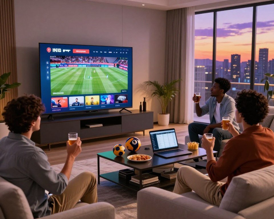 A modern living room featuring a sleek, high-definition television displaying a vibrant sports streaming interface with various premium sports channels prominently visible. In the foreground, a diverse group of three people, dressed in smart casual attire, enthusiastically watching the game while enjoying snacks and drinks, capturing their excitement. The middle background showcases a stylish coffee table cluttered with sporting memorabilia and a laptop displaying live stats. Soft, warm lighting creates an inviting atmosphere, highlighting the cozy yet energetic mood. In the background, large windows reveal a breathtaking view of a city skyline at sunset, with hues of orange and purple, providing a perfect backdrop to this premium entertainment experience.