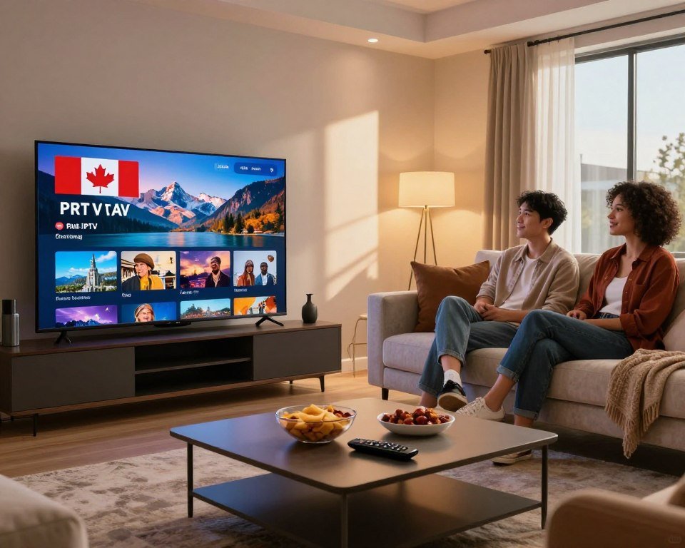 A modern living room featuring a sleek, large-screen television displaying vibrant Canadian landscapes and iconic cultural moments, showcasing premium IPTV content. In the foreground, a stylish coffee table with snacks and a remote control, emphasizing a cozy viewing experience. The middle ground includes a comfortable sofa with plush cushions and a couple of friends, dressed in casual yet stylish attire, enjoying the show together. In the background, soft ambient lighting creates a warm, inviting atmosphere, with light streaming in through large windows that highlight the room's contemporary decor. The overall mood is relaxed and engaging, perfectly conveying the essence of reliable streaming.