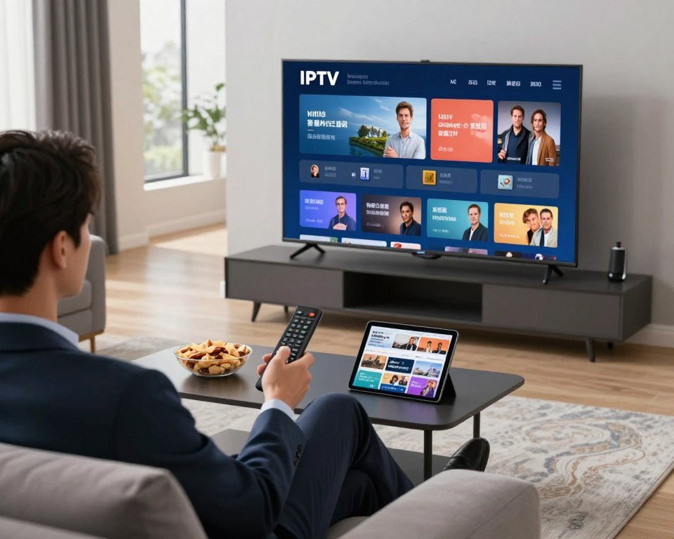 A modern living room featuring a sleek smart TV displaying IPTV content, surrounded by comfortable furniture. In the foreground, a person in professional business attire is sitting on a stylish sofa, holding a remote control and engaging with the IPTV interface on the screen. The middle ground includes a coffee table with snacks and a tablet showcasing browsing options for live TV and movies. In the background, large windows let in soft, natural light, giving the space a warm and inviting atmosphere. The overall mood is tech-savvy and relaxed, emphasizing the convenience of Internet Protocol Television. Soft shadows and soft focus emphasize depth, while the entire scene is colored in a harmonious palette of blues and grays to reflect modern technology.