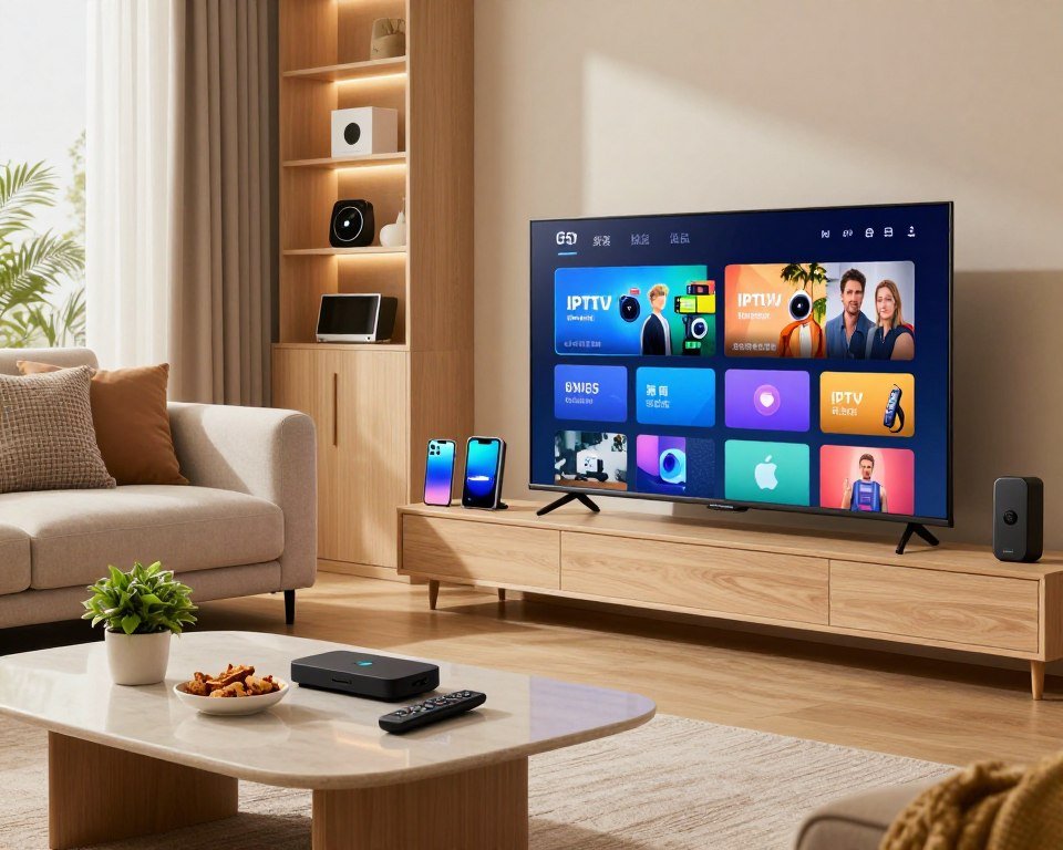 A modern living room featuring a sleek smart TV displaying a vibrant IPTV interface, with various compatible device icons such as smartphones, tablets, and streaming sticks elegantly arranged around it. In the foreground, a stylish coffee table with a remote control, snacks, and a small potted plant creates a cozy atmosphere. The middle ground highlights a comfortable sofa with a neutral color palette and textured cushions, inviting viewers in. Soft, warm lighting illuminates the room, creating a welcoming ambiance. The background showcases a bookshelf with tech gadgets and a large window allowing natural light to filter in, enhancing the sense of modernity and technological integration. Aim for a relaxed yet sophisticated mood, highlighting the accessibility of smart technology for entertainment.