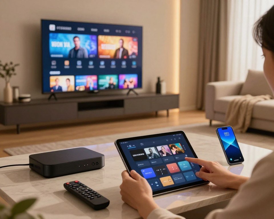 A modern living room featuring a sleek smart TV mounted on the wall displaying an IPTV interface, surrounded by various devices like a streaming box, tablet, and smartphone. In the foreground, a pair of hands adjusts settings on the tablet while a stylish remote rests nearby. The middle ground includes a comfortable couch with a cozy throw, and in the background, soft ambient lighting creates a warm atmosphere. The scene is shot from a dynamic angle, capturing a sense of engagement and excitement about setting up IPTV. The overall mood is inviting and tech-savvy, perfect for illustrating the ease of accessing reliable TV entertainment at home.