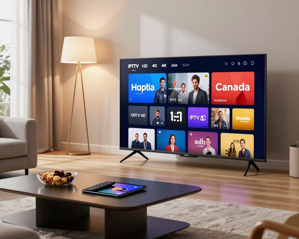 A modern living room scene as the foreground, showcasing a sleek, ultra-thin 4K television displaying vibrant streaming content. In the middle, a stylish coffee table adorned with a remote control, snacks, and a tablet, indicating user interaction with IPTV services. The background features a cozy ambiance, with soft lighting from floor lamps and natural light streaming in through large windows, creating an inviting atmosphere. The room is tastefully decorated with contemporary furniture and a minimalistic aesthetic, emphasizing the high-tech feel of IPTV HD 4K Canada. The image captures a sense of relaxation and enjoyment, with a focus on clear, sharp details that highlight the quality of the streaming experience. Ensure the scene is free of any text or branding, showcasing the essence of high-quality television streaming.