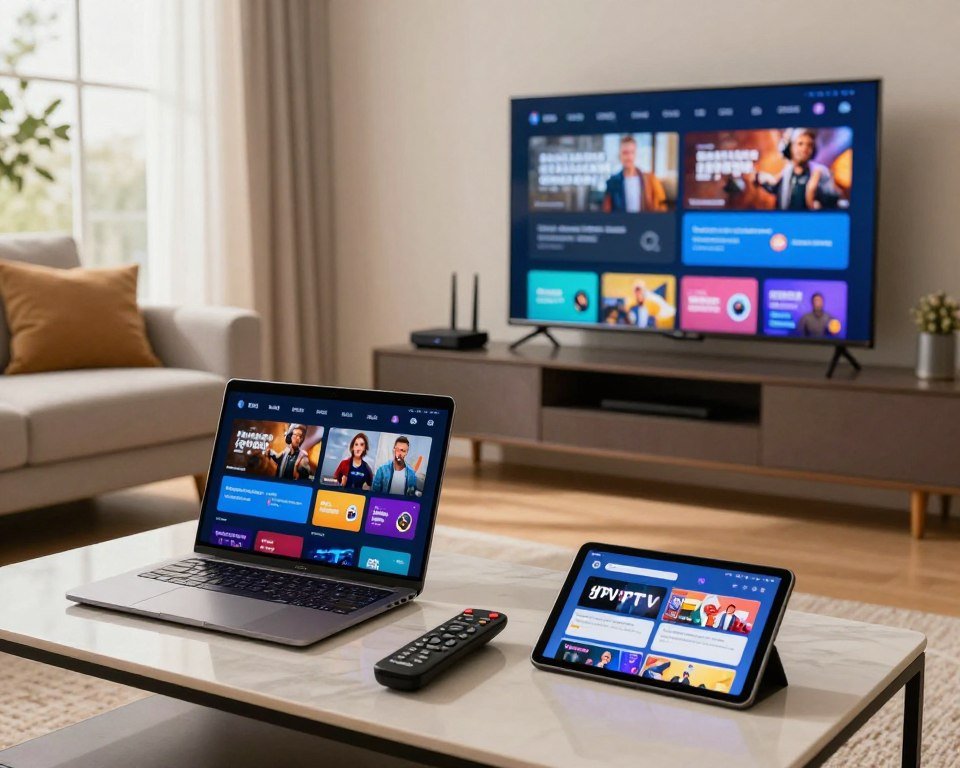 A modern living room scene depicting the streaming service setup process for IPTV in Canada. In the foreground, a stylish coffee table holds a sleek laptop displaying vibrant images of live TV channels. Beside it, a remote control and a tablet showing the IPTV user interface. In the middle ground, a smart TV mounted on the wall is connected to various devices like a streaming box and a Wi-Fi router. The background features a cozy couch with comfortable cushions, and a large window allowing natural light to fill the room, creating a welcoming atmosphere. The image captures a sense of excitement and curiosity about technology, illuminated by soft, warm lighting. The perspective is slightly elevated, focusing on the setup in a detailed, inviting manner, with no people present.