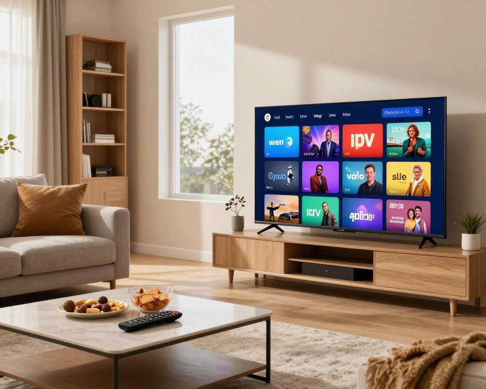 A modern living room scene highlighting a sleek TV displaying a vibrant IPTV interface, with a variety of colorful channel options vividly visible on screen. In the foreground, a stylish coffee table with a remote control and cozy snacks, inviting viewers to relax and enjoy content. The middle features a comfortable sofa adorned with cushions, and a bookshelf filled with entertainment-related items. The background showcases a large window with soft natural light pouring in, casting gentle shadows. The mood is warm and inviting, emphasizing the joy of versatile streaming. The entire setting should convey a sense of modern home entertainment, appealing to Canadian viewers exploring IPTV options.