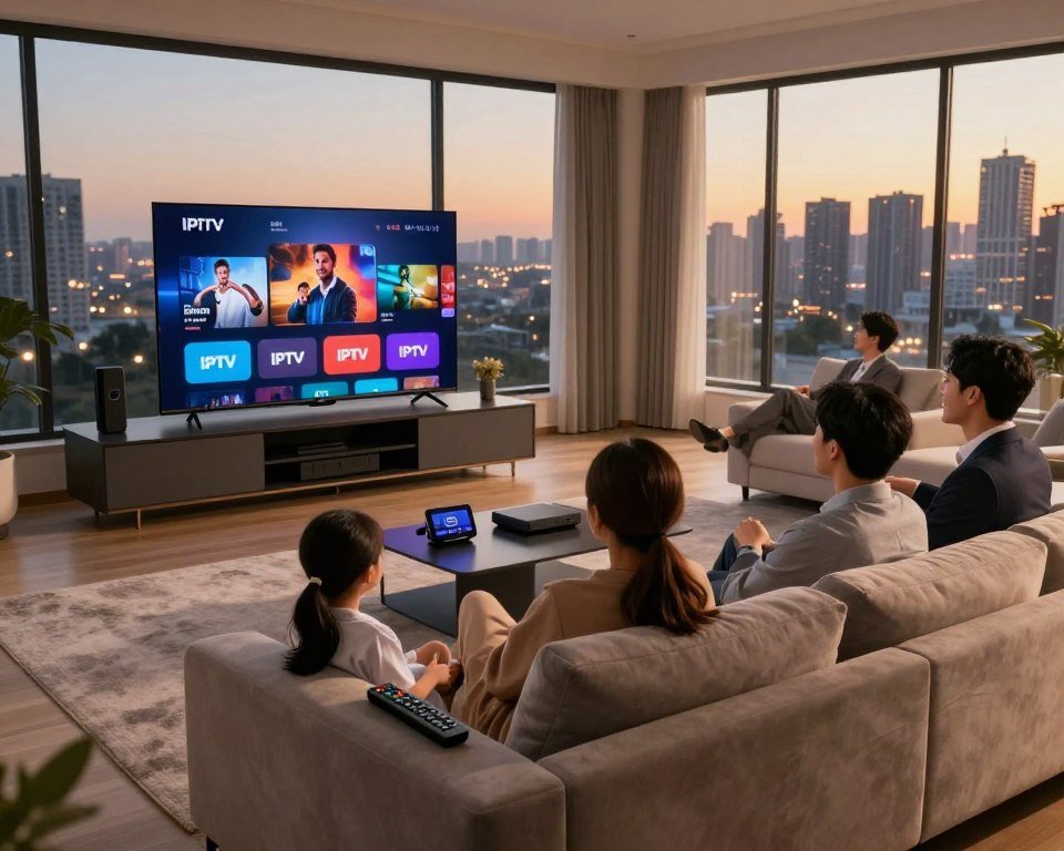 A modern living room scene highlighting the cost savings of IPTV service. In the foreground, a sleek, plush sofa with a remote control resting on the arm, surrounded by family members dressed in professional attire, happily engaged in viewing content on a large, flat-screen television. In the middle ground, an entertainment center displays various streaming devices and a colorful array of IPTV logos. The background reveals a scenic city skyline through large windows, illuminated by warm evening light, creating a cozy atmosphere. Use a slightly wide-angle perspective to encompass the entire setting, emphasizing the comfort and ease of IPTV viewing, while convey a sense of savings and modern technology.