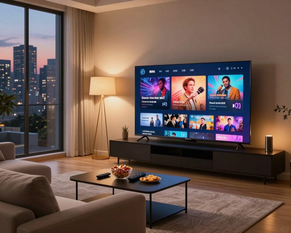 A modern living room scene showcasing a seamless streaming experience. In the foreground, a comfortable sofa with a sleek design and a coffee table adorned with snacks and a remote control. In the middle ground, a large flat-screen TV displays vibrant, dynamic content streaming smoothly, with no buffering or glitches. A cozy ambiance is created by soft lighting, with warm tones illuminating the room, and a stylish lamp providing additional light. The background features a window with a view of a city skyline at dusk, hinting at a lively urban environment. The mood is inviting and relaxed, ideal for enjoying quality entertainment at home.