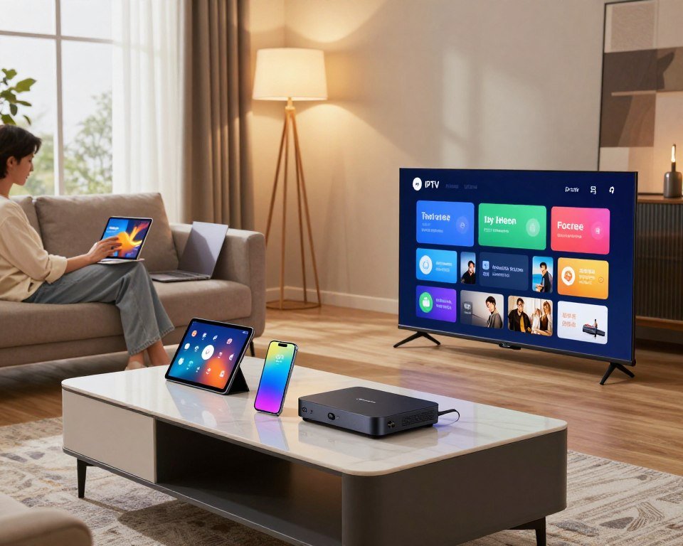 A modern living room scene showcasing a variety of streaming devices compatible with IPTV services. In the foreground, a sleek smart TV displays a colorful interface with various app icons. A smartphone, tablet, and streaming device are positioned nearby on a stylish coffee table. In the middle ground, a person in casual clothing is comfortably seated on a stylish couch, intently interacting with a tablet while a laptop is open beside them. The background features a cozy ambiance enhanced by warm lighting from floor lamps, with a large window letting in soft natural light. The atmosphere is inviting and tech-savvy, reflecting the concept of multi-device compatibility for streaming services. Capture this scene with a wide-angle view to emphasize the interconnectedness of devices.