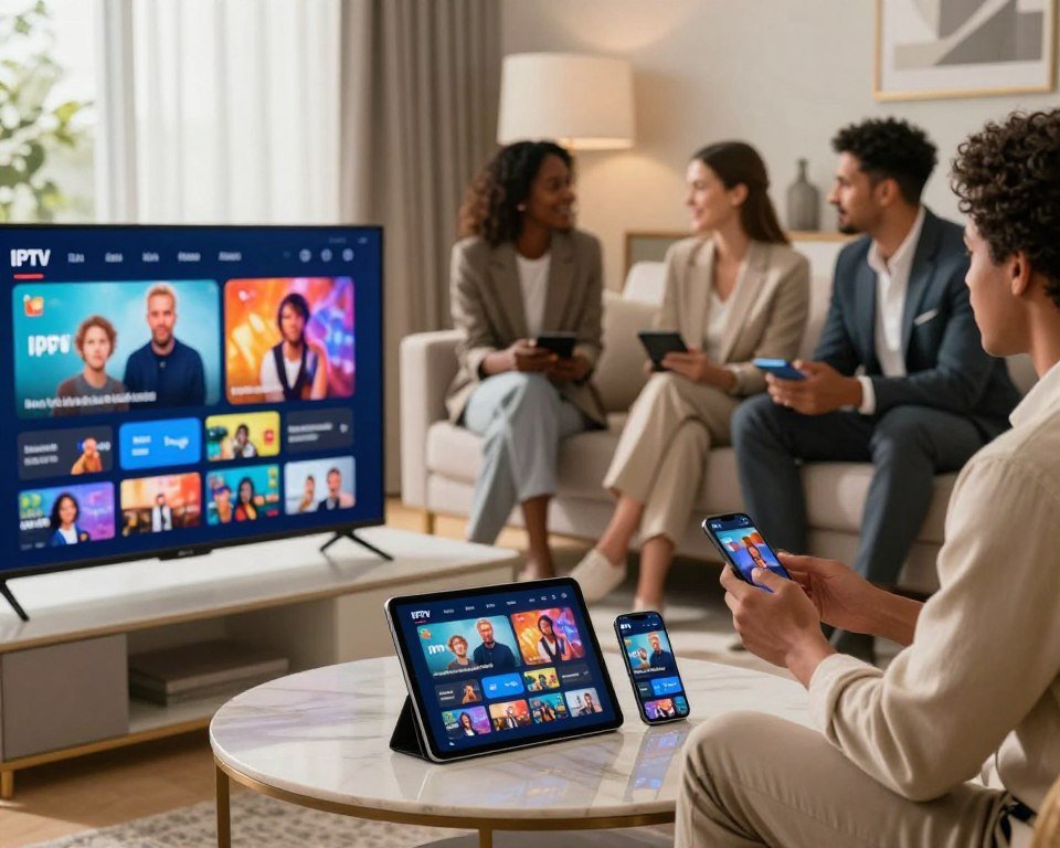 A modern living room scene showcasing multi-device compatibility and instant activation features. In the foreground, a sleek smart TV displays vibrant IPTV content. A tablet and smartphone rest on a stylish coffee table, both showing the same IPTV interface, illustrating seamless synchronization. In the middle ground, a diverse group of three individuals, dressed in professional business attire, engage in conversation while using their devices. Soft, natural lighting filters through the window, creating a warm, inviting atmosphere. The background features a cozy sofa and elegant decor, emphasizing a relaxed yet tech-savvy ambiance. Capture this moment from a slightly elevated angle to provide a clear view of the technology in use, enhancing the sense of modern convenience.