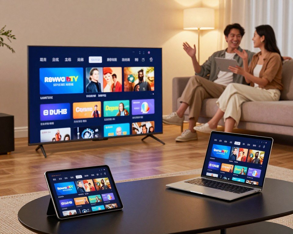 A modern living room scene showcasing multi-device compatibility for IPTV streaming. In the foreground, a stylish smart TV displays a vibrant streaming interface with various channel options. On the left, a sleek tablet rests on a coffee table showing the same content, while an elegant laptop on the right mirrors the TV display. In the background, a comfortable sofa with a couple (dressed in smart casual attire) enthusiastically interacting with the devices. Soft, warm lighting creates an inviting atmosphere, with an emphasis on easy setup and user-friendliness. The camera angle is slightly elevated, capturing the entire scene and enhancing the sense of a contemporary tech-savvy home environment.