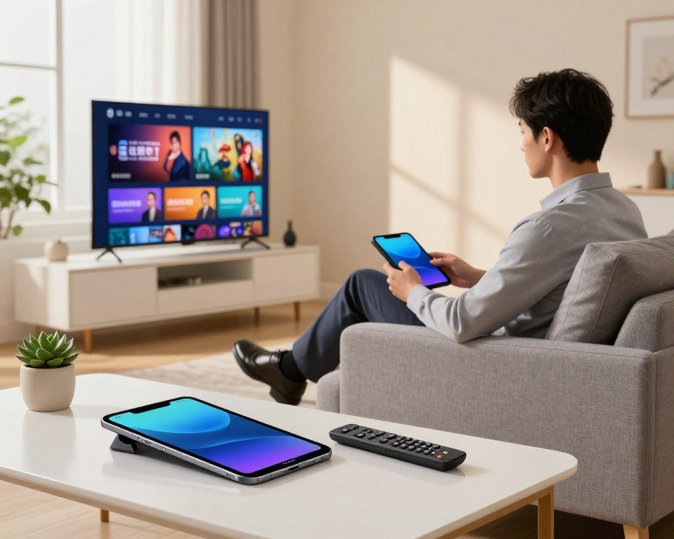 A modern living room scene showcasing multiple devices streaming IPTV. In the foreground, a sleek, white coffee table displays a tablet, smartphone, and smart TV remote. The middle ground features a comfortable gray couch, where a professional-looking individual sits, engrossed in the tablet, dressed in business casual attire. In the background, a wall-mounted television shows vibrant streaming content in high definition. Soft, warm lighting illuminates the room, creating an inviting atmosphere. A large window lets in natural light, casting gentle shadows, while succulents add a touch of greenery to the decor. The overall mood is that of a relaxed yet efficient environment, emphasizing the seamless integration of technology for an optimized streaming experience.