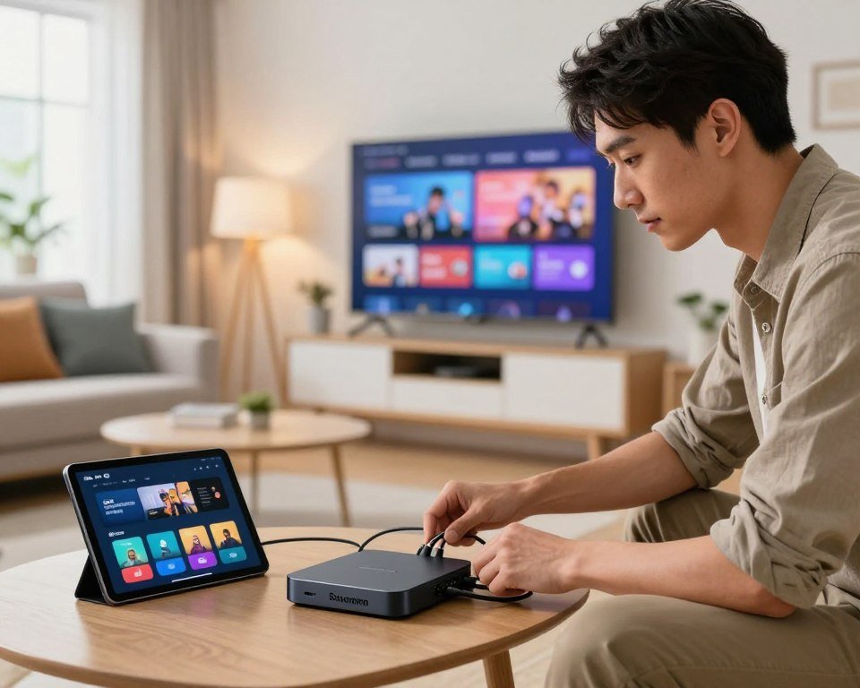 A modern living room scene showcasing the installation process of a streaming service. In the foreground, a technician in smart casual attire is connecting wires to a sleek IPTV box, with a tablet displaying app interfaces beside him. The middle ground features a television mounted on the wall, streaming vibrant content, alongside a cozy couch adorned with cushions. In the background, a window lets in natural light, enhancing the inviting atmosphere. Subtle lighting from a floor lamp adds warmth to the space. The lens captures the action from a slight angle, emphasizing both the technician’s focused expression and the technology being set up. The overall mood is professional yet relaxed, illustrating ease and accessibility in the installation process.
