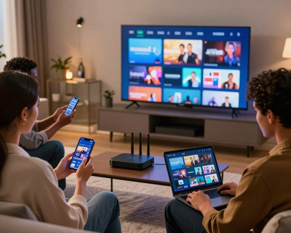 A modern living room scene with a sleek, flat-screen TV displaying vibrant streaming content. In the foreground, a diverse group of three people in business casual attire is gathered, each using different devices: a smartphone, a tablet, and a laptop, showcasing seamless device compatibility. In the middle, a small coffee table with a streaming device and VPN router sits prominently, hinting at internet connectivity. The background features soft ambient lighting that creates a warm, inviting atmosphere, with subtle out-of-focus decorations that suggest a tech-savvy home. The image has a dynamic angle, suggesting engagement and interactivity among the group, highlighting the ease of accessing live TV streams.