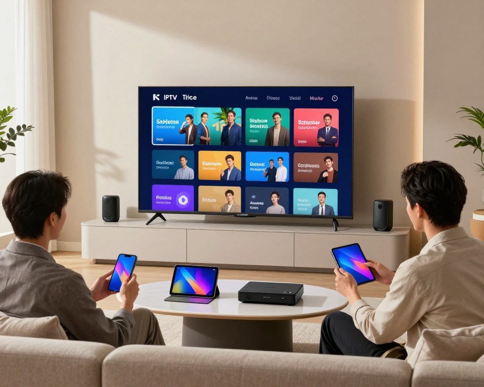 A modern living room set up for IPTV streaming, prominently featuring a sleek smart TV displaying diverse streaming options, showcasing a variety of devices like tablets, smartphones, and gaming consoles on a stylish coffee table. In the foreground, a well-dressed professional couple, one sitting on a comfortable couch and the other standing, interacting with their devices, clearly enjoying a seamless user experience. Soft ambient lighting enhances the cozy atmosphere, with natural light streaming through a large window in the back, casting gentle shadows. The background depicts a serene, minimalist décor that emphasizes device compatibility, with a focus on vibrant colors and cutting-edge technology. The scene conveys a sense of innovation and accessibility in entertainment.