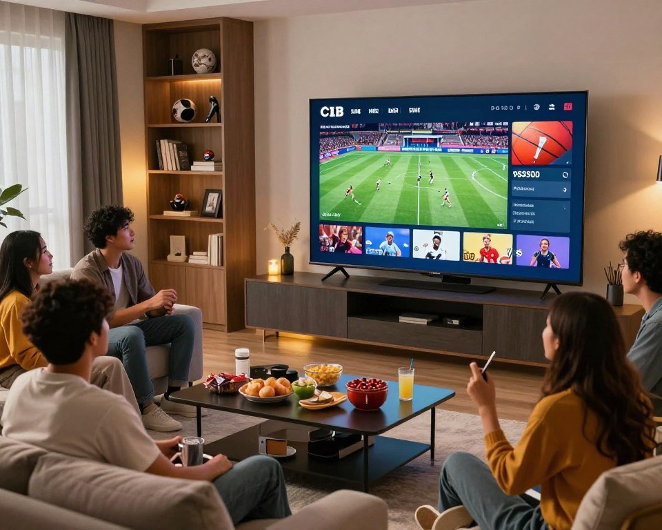 A modern living room setting featuring a large flat-screen TV displaying a live sports streaming interface, showcasing an array of popular sports options such as soccer, hockey, and basketball. In the foreground, a group of diverse friends in casual, comfortable attire engaged in watching an exciting game, their expressions filled with enthusiasm. The middle ground includes a stylish coffee table cluttered with snacks and drinks, emphasizing a relaxed social atmosphere. The background should depict a contemporary bookshelf with sports memorabilia, and a warm glow from elegant lighting fixtures, creating a cozy ambiance. The image should have a vibrant and engaging mood, captured in a wide-angle shot to encompass the lively environment.