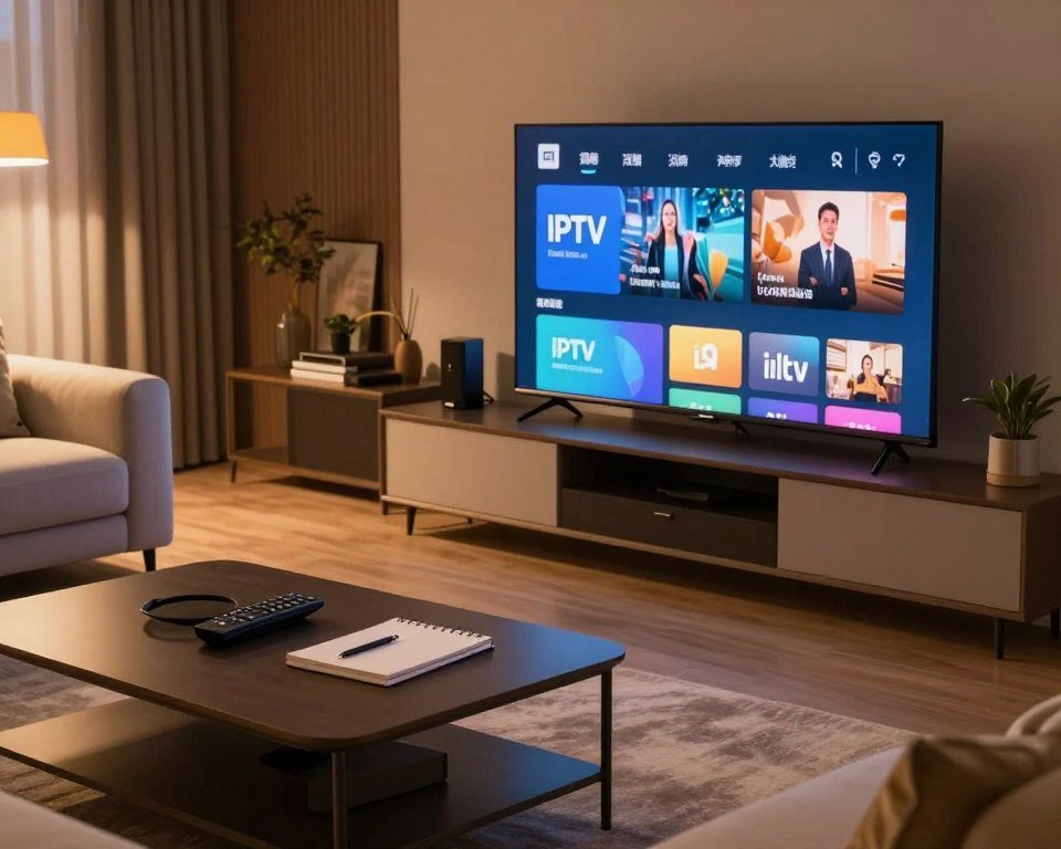 A modern living room setting featuring a large flat-screen TV displaying an IPTV interface, symbolizing internet protocol television technology. In the foreground, an elegant coffee table with a remote control and a notepad, suggesting user interaction. In the middle, a cozy sofa with a subtle glow from ambient lighting, creating a warm and inviting atmosphere. In the background, a stylish entertainment unit with various streaming devices and decor, highlighting technological advancement. The lighting is soft and warm, giving a comfortable vibe, shot from a slightly elevated angle to encompass the entire scene. The overall mood is innovative and inviting, perfect for showcasing the advancements in IPTV technology.