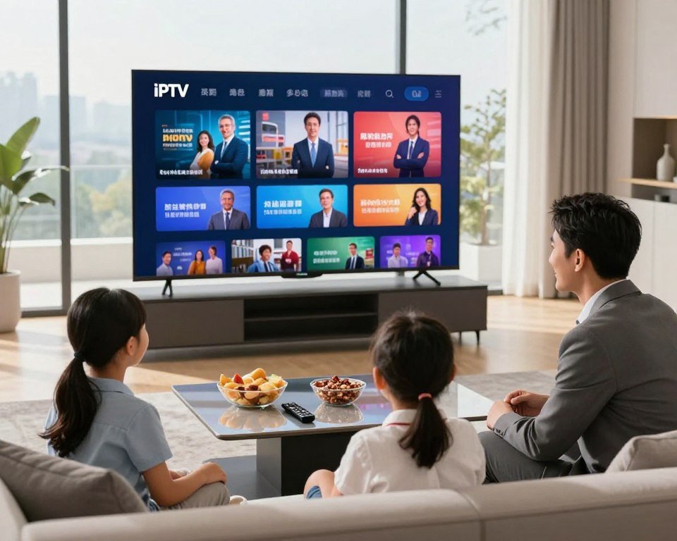 A modern living room setting featuring a large, flat-screen television displaying vibrant streaming content. In the foreground, a family of three—dressed in professional business attire—sits comfortably on a sleek couch, engaged and smiling as they enjoy their favorite show. The middle ground showcases a stylish coffee table adorned with snacks and a remote control, reflecting a casual family vibe. In the background, large windows allow natural light to flood the room, creating a warm atmosphere. Subtle highlights on the television screen enhance the clarity of the picture, evoking the crystal-clear quality of IPTV. The overall mood is inviting and cheerful, illustrating the benefits of IPTV over traditional TV with an emphasis on family bonding and enjoyment of high-definition streaming.
