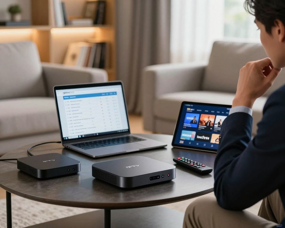 A modern living room setting featuring a person in professional attire, thoughtfully examining various IPTV hardware options laid out on a sleek coffee table. In the foreground, display a high-tech IPTV box, streaming device, and remote control. The middle ground should have an open laptop with IPTV comparison charts alongside a tablet displaying different streaming apps. In the background, softly illuminated bookshelves filled with media-related titles and a comfortable couch create a cozy atmosphere. Warm, natural lighting filters through a window, enhancing the inviting vibe. Use a shallow depth of field to focus on the hardware and the person, contributing to an engaging, informative scene perfect for technology enthusiasts.