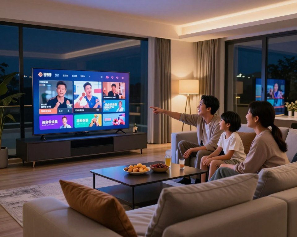 A modern living room setting featuring a sleek, large flat-screen TV displaying vibrant live streaming content. In the foreground, a comfortable sofa with plush cushions invites viewers to relax, while a coffee table holds snacks and drinks. In the middle, a family of three—parents in smart casual attire and a child in comfortable clothing—are engaged, laughing, and pointing at the screen. The room is warmly lit, with soft ambient lighting creating a cozy atmosphere. Large windows in the background show a clear night sky, adding to the inviting ambiance. The scene conveys a sense of connection and enjoyment, emphasizing the experience of uninterrupted live TV entertainment.