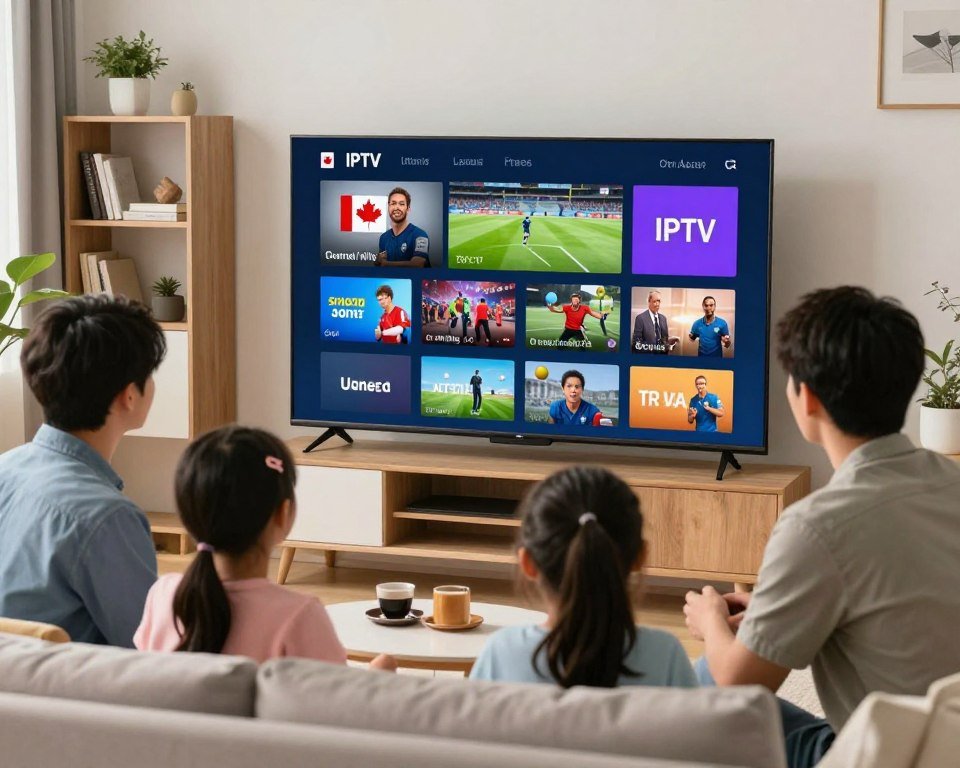 A modern living room setting featuring a sleek smart TV displaying a vibrant IPTV service interface with a user-friendly channel selection grid showcasing various live sports and TV channels, including the Canadian flag subtly integrated. In the foreground, a family of four, dressed in casual but presentable attire, is gathered around the TV, engaged and discussing their options, conveying a sense of togetherness and enjoyment. Soft, natural lighting illuminates the room, creating a warm and inviting atmosphere. In the background, you can see a stylish bookshelf and decorative plants that add to the cozy ambiance, emphasizing a contemporary home environment perfect for streaming. The overall mood should be energetic and positive, reflecting the excitement of choosing IPTV services.