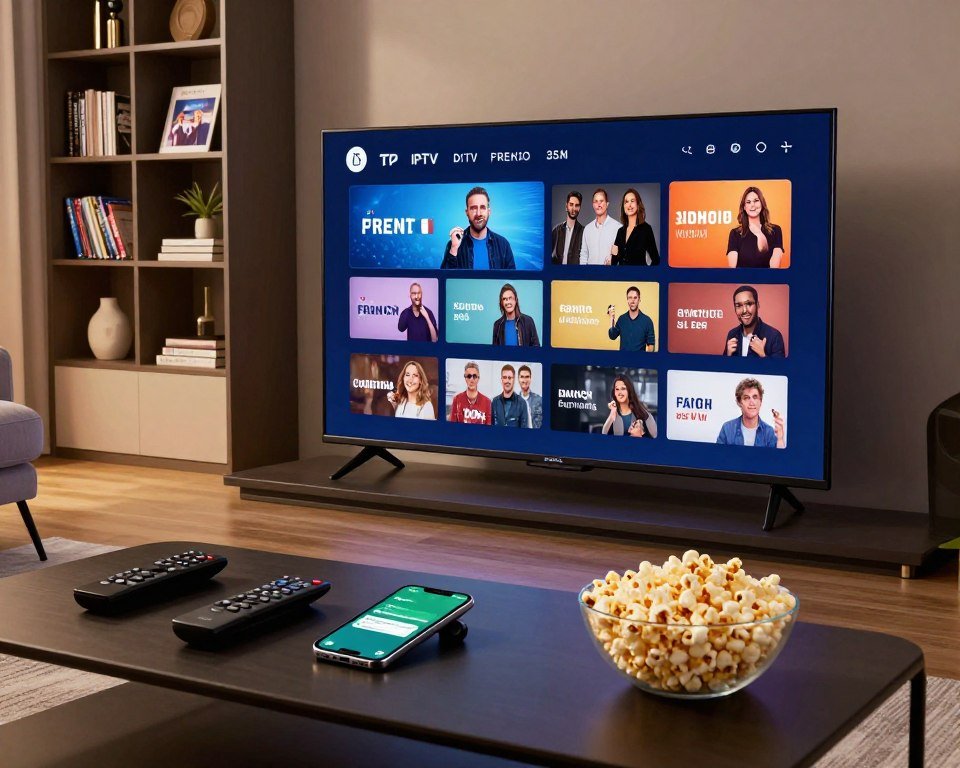 A modern living room setting showcasing a high-end IPTV experience. In the foreground, a sleek flat-screen television displays a vibrant array of French channels, illustrating premium streaming features such as high-definition clarity, user-friendly interface, and a variety of content options. In the middle ground, a stylish coffee table is scattered with remote controls, a smartphone displaying a WhatsApp conversation, and a bowl of popcorn, creating an inviting viewing atmosphere. The background features a modern bookshelf filled with DVDs, books, and decorative items, while soft, warm lighting enhances the cozy ambiance. The angle is slightly elevated, capturing the entire scene. The mood is relaxed yet sophisticated, appealing to viewers seeking quality entertainment.