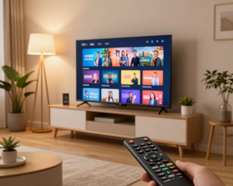 A modern living room setting, showcasing a sleek flat-screen TV on a minimalist entertainment unit. The foreground features a remote control, highlighting the ease of navigating an extensive channel lineup and on-demand content. In the middle, a digital interface on the TV screen displays various channel icons and streaming options, emphasizing variety and accessibility. The background captures a cozy atmosphere with soft, warm lighting, perhaps from floor lamps, creating an inviting space for watching TV. The room is decorated tastefully, with a few indoor plants and contemporary furniture, suggesting a high-tech yet comfortable environment for entertainment. The angle is slightly tilted to provide a dynamic perspective, inviting viewers into the scene.