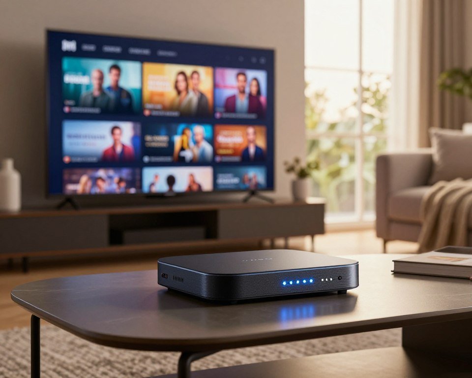 A modern living room setting showcasing a sleek streaming device on a stylish coffee table. In the foreground, there's a detailed close-up of the device, featuring glowing LED lights indicating connectivity and optimal performance. The middle ground includes a large flat-screen TV displaying vibrant IPTV content, with an emphasis on popular French channels. Soft couch cushions and a cozy blanket create a welcoming atmosphere. The background reveals a window with natural light pouring in, illuminating the scene with a warm glow. Use a wide-angle lens to capture the inviting space and create a sense of depth. The mood is relaxed and engaging, inviting viewers to imagine an enhanced streaming experience.