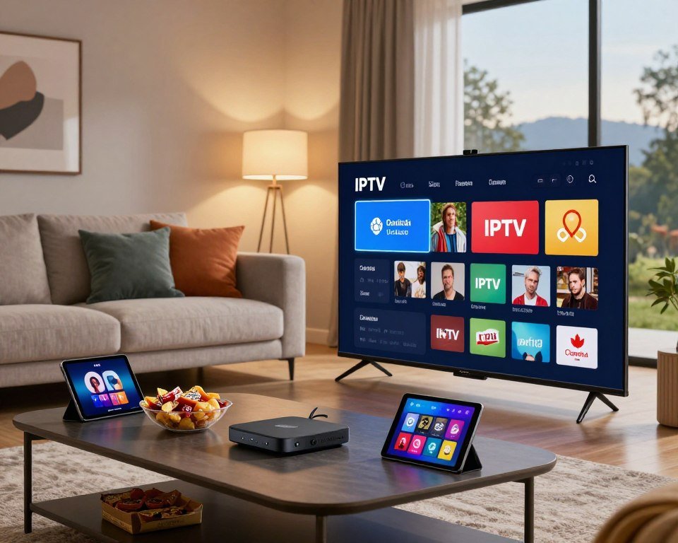 A modern living room setting showcasing essential IPTV features. In the foreground, a sleek smart television displays an interactive IPTV interface with vivid channel icons and a user-friendly menu. On a stylish coffee table, various IPTV-compatible devices like a streaming box and a tablet are positioned, surrounded by a cozy arrangement of snacks. The middle ground features a comfortable sofa, adorned with colorful throw pillows, inviting viewers to relax. In the background, soft ambient lighting creates a warm and inviting atmosphere, complementing the scene. A large window reveals a peaceful outdoor landscape, adding a sense of tranquility. The overall mood is engaging and informative, highlighting the convenience and versatility of IPTV for Canadian viewers. The scene captures a harmonious blend of technology and comfort, emphasizing device compatibility.