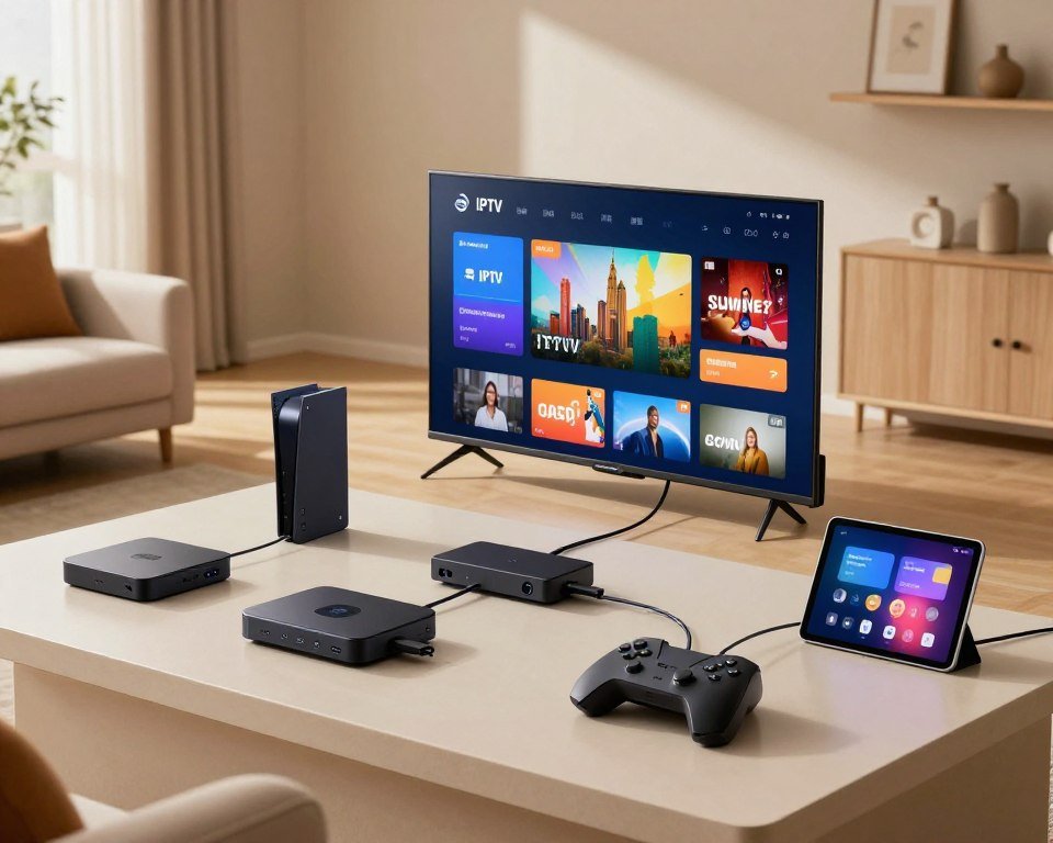 A modern living room setting showcasing various digital devices seamlessly connected to a central TV unit, illustrating device compatibility and ease of setup. In the foreground, a sleek smart TV displays an IPTV interface featuring vibrant graphics. Surrounding the TV, a variety of compatible devices such as a streaming box, a gaming console, and a tablet are neatly arranged. In the middle, subtle cables and connectors are visible, emphasizing the ease of connection. The background features a cozy couch and wall shelves with decorative items, creating a welcoming atmosphere. Soft, natural lighting filters through a nearby window, casting gentle shadows and enhancing the homey feel. The angle is slightly elevated, providing a comprehensive view of the setup.