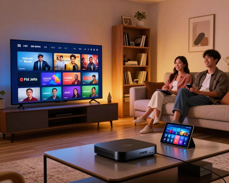A modern living room setting with a sleek, high-definition television displaying vibrant streaming content in stunning detail. In the foreground, a stylish coffee table holds various streaming devices, including a sleek media player and a tablet, showcasing device compatibility. In the middle ground, a comfortable sofa with professional individuals, casually dressed, enjoying the streaming experience together with expressions of delight. Ambient lighting casts a warm glow, enhancing the inviting atmosphere. The background features a cozy bookshelf and tasteful decorations, reflecting a contemporary home environment. A cinematic angle captures the scene, emphasizing the sharp clarity and quality of the visuals on the screen, communicating the essence of unmatched streaming quality and versatility across devices.