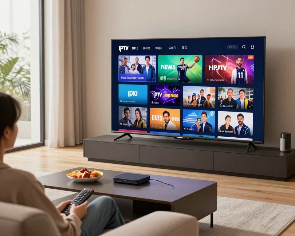A modern living room setting with a sleek, large flat-screen television displaying vibrant IPTV content, showcasing various channels including news, sports, and entertainment. In the foreground, a cozy sofa with a remote control and snacks, symbolizing relaxation and leisure. In the middle ground, a stylish coffee table with a small set-top box connected to the television, highlighting the technology aspect. The background features large windows allowing natural light to pour in, creating a warm and inviting atmosphere. The scene is captured with a slight depth of field, focusing on the TV screen, while soft lighting enhances the colors and details, conveying a sense of modernity and comfort in home entertainment.