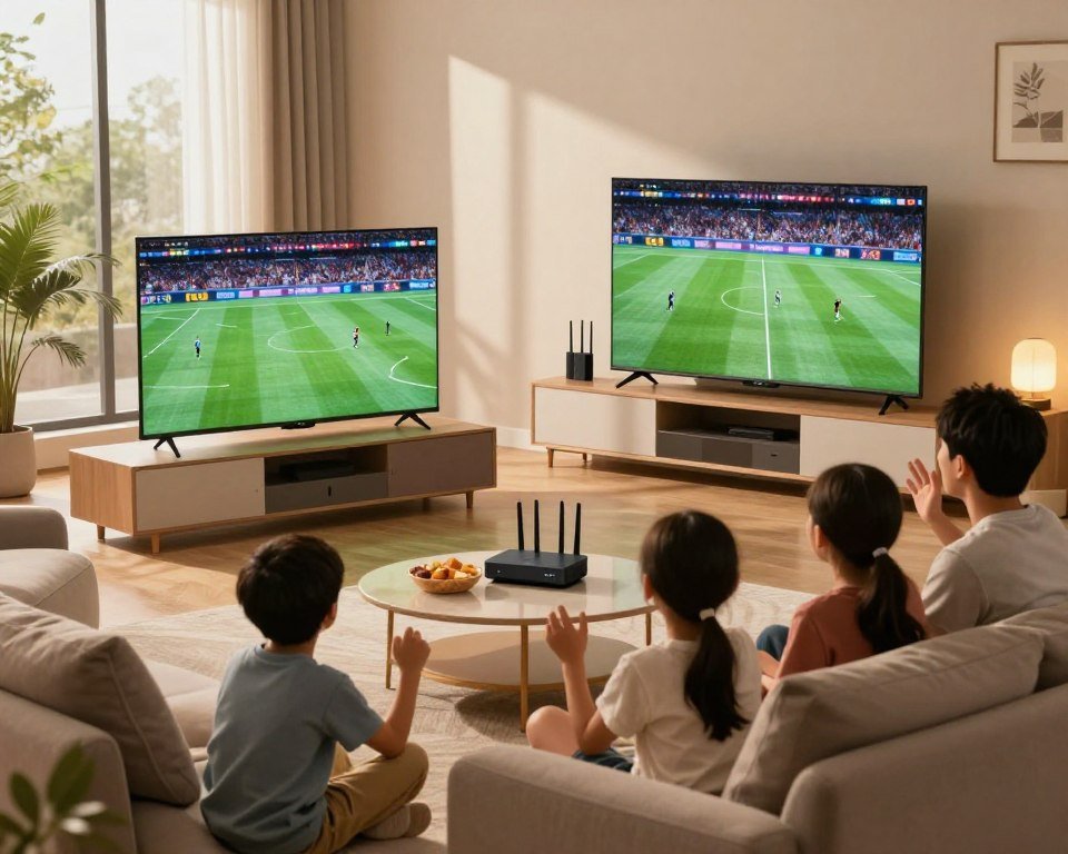 A modern living room setting with a sleek television displaying vibrant sports graphics, surrounded by cozy furniture and a small table with snacks. In the foreground, a family of four in modest casual clothing, intently watching the game, showcasing excitement and engagement. The middle layer highlights a well-placed router and streaming device, symbolizing high-speed internet connectivity. The background includes a large window with natural light streaming in, casting soft shadows and creating a warm atmosphere. Soft, ambient lighting enhances the inviting feel of the space while emphasizing the high-tech entertainment setup. The overall mood is lively yet comfortable, perfect for enjoying a thrilling sports experience at home.