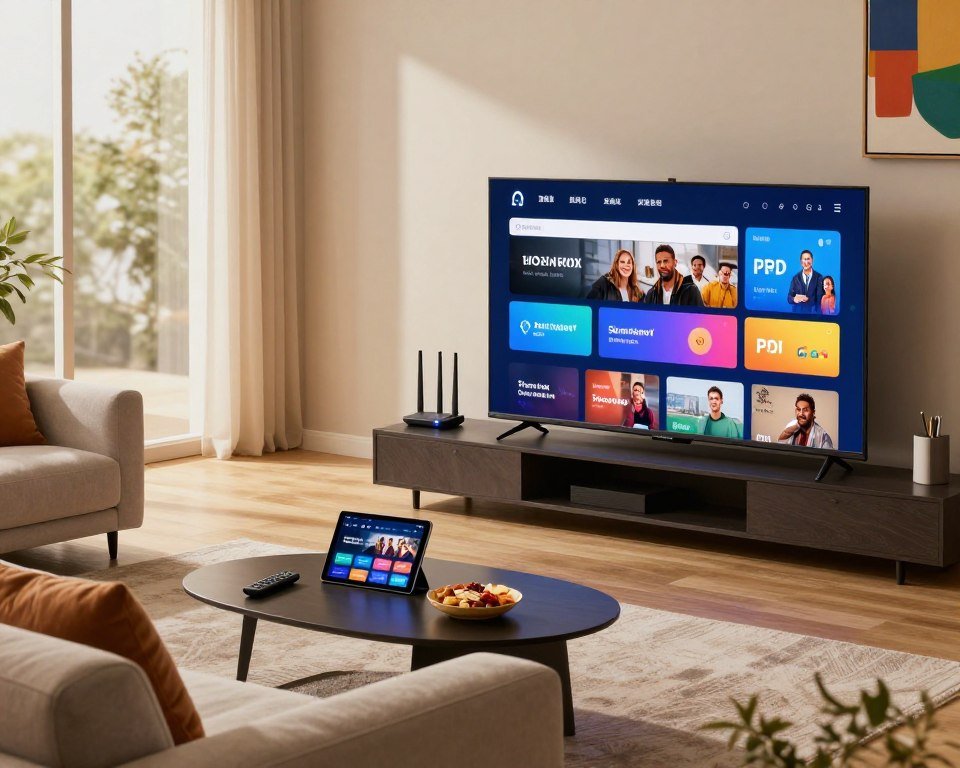 A modern living room setup equipped for optimal IPTV streaming, featuring a sleek smart TV displaying vibrant streaming content. In the foreground, a comfortable sofa with neatly arranged cushions and a stylish coffee table, adorned with a remote control and snacks, inviting relaxation. In the middle ground, a wireless router with glowing indicators, symbolizing strong internet connectivity, alongside a tablet showcasing user-friendly IPTV interface. The background consists of a large window allowing natural light to filter in, creating a warm and inviting atmosphere. Soft ambient lighting enhances the cozy feel, while a colorful abstract painting on the wall adds a touch of creativity. The scene conveys a sense of comfort and modern technology, ideal for enjoying seamless streaming experiences.