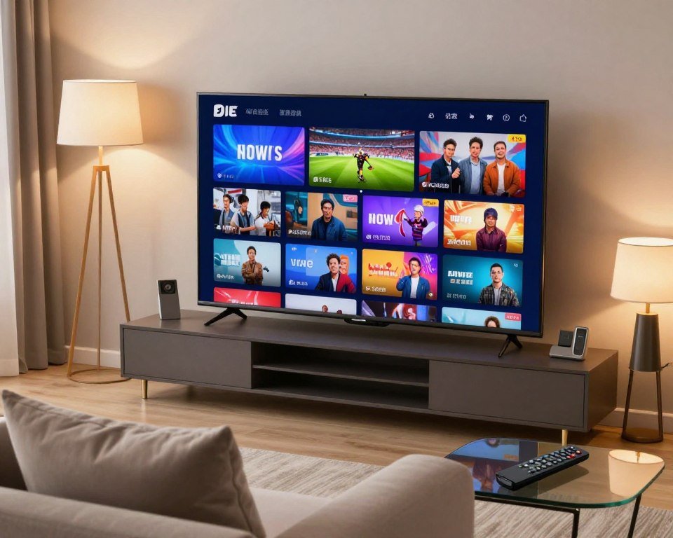 A modern living room setup featuring a large flat-screen TV displaying a vibrant montage of various live television channels, showcasing streaming quality. In the foreground, a cozy sofa with plush pillows invites viewers to relax. The middle layer emphasizes the TV with bright, colorful scenes, including sports, news, and entertainment shows, all in crisp detail. The background includes soft lighting from stylish floor lamps, creating a warm, inviting atmosphere. A sleek remote control lies on a glass coffee table, hinting at easy channel selection. The mood is engaging and inviting, perfect for enjoying quality streaming experiences. Capture this scene from a slightly elevated angle for a dynamic perspective.