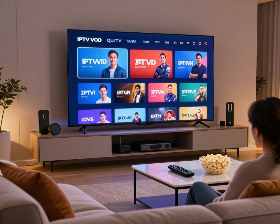 A modern living room setup featuring a large, sleek smart TV displaying vibrant streaming content, emphasizing high-quality IPTV VOD options. In the foreground, a cozy sofa adorned with plush cushions invites viewers, while a stylish coffee table holds a remote control and popcorn, symbolizing a relaxed viewing experience. In the middle ground, decorative shelves showcase popular streaming devices and media players, hinting at advanced technology. The background features soft ambient lighting, creating a welcoming atmosphere, with subtle reflections on the TV screen that enhance the focus on the display. The scene conveys excitement and comfort, suggesting a premium streaming service experience devoid of any distractions or clutter.