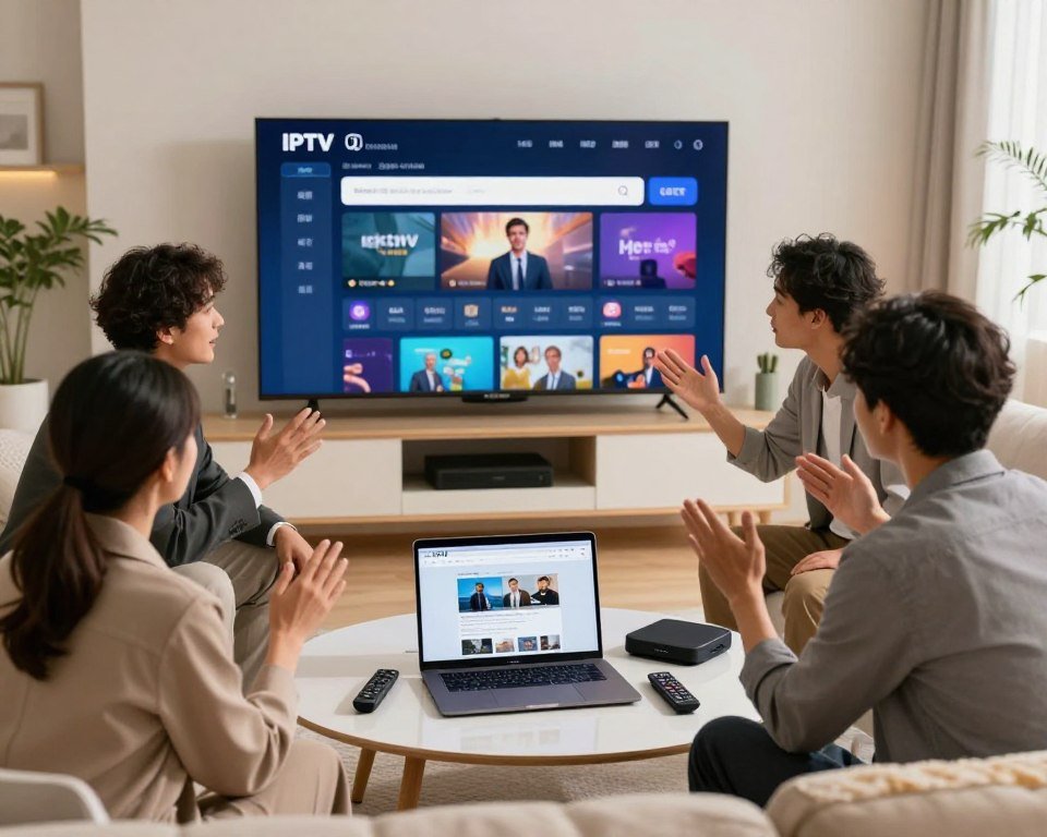 A modern living room setup featuring a sleek, high-definition television displaying an IPTV service interface on the screen. In the foreground, a diverse group of three individuals—two adults in professional attire, one in smart casual clothing—are gathered around the TV, discussing the setup process enthusiastically. The middle layer includes an open laptop on a stylish coffee table, showcasing a setup guide website, alongside a few remote controls and IPTV hardware, like a streaming box. The background is a well-lit room with soft lighting, a comfortable sofa, and decorative elements like plants, emphasizing a cozy atmosphere. The image should evoke a sense of excitement and professionalism as they embark on this tech journey.