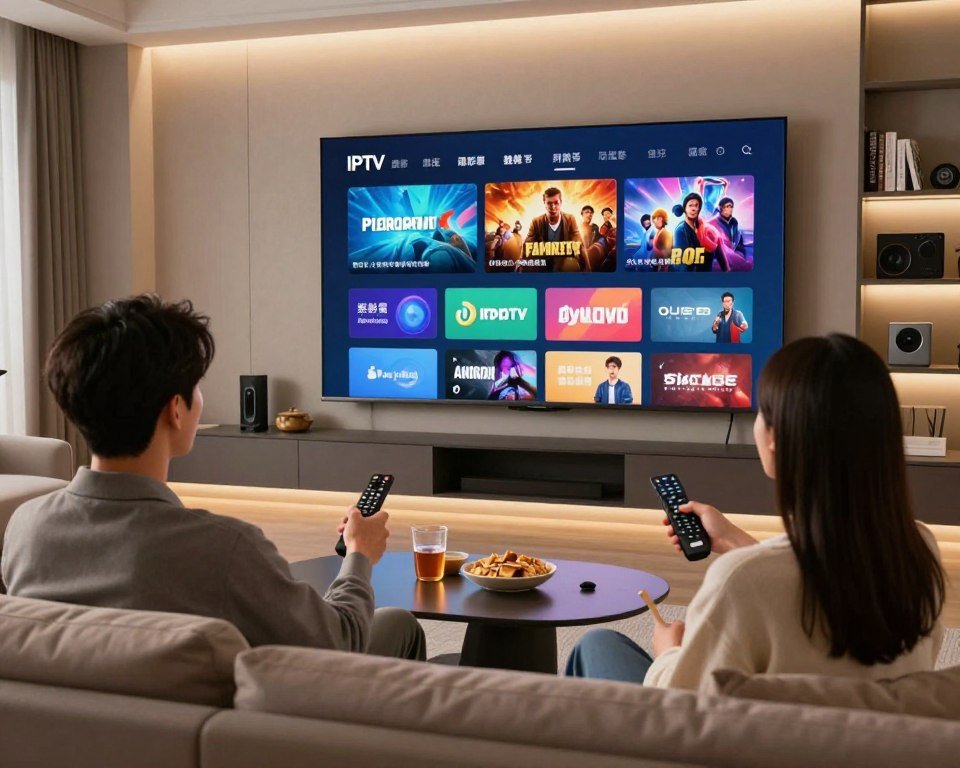 A modern living room setup featuring a sleek large screen displaying a vibrant and high-definition IPTV interface, with a variety of streaming options visible. In the foreground, a young professional man and woman are seated comfortably on a stylish couch, both dressed in smart casual attire, holding remotes and intently focused on the screen. The room features soft, warm lighting that creates an inviting atmosphere, with a coffee table adorned with snacks and drinks. The background includes a wall-mounted bookshelf filled with movies and tech gadgets, showcasing the theme of entertainment. The composition should be captured with a slightly wide angle, emphasizing the clarity and detail of the IPTV content on the screen, conveying a feeling of excitement and quality viewing experience.