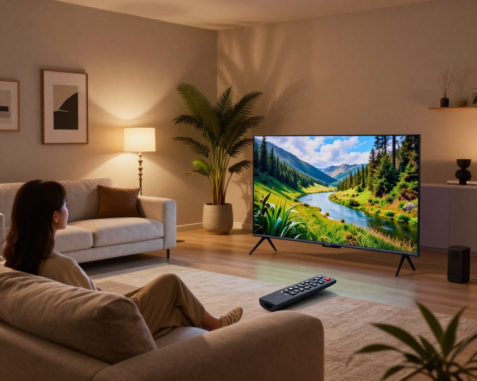 A modern living room setup showcasing a high-tech entertainment system for streaming. In the foreground, a sleek, large-screen television displays vibrant visuals of a nature documentary, while a stylish remote control lies nearby. The middle ground features a comfortable couch with plush cushions, inviting viewers to enjoy the cinematic experience. Soft ambient lighting creates a cozy atmosphere, with warm hues reflecting off the walls. In the background, the room is decorated with elegant plants and minimalist artwork, emphasizing a contemporary design. The overall mood is relaxed yet sophisticated, conveying the idea of superior streaming performance in a home environment, captured from a slightly elevated angle to enhance depth.
