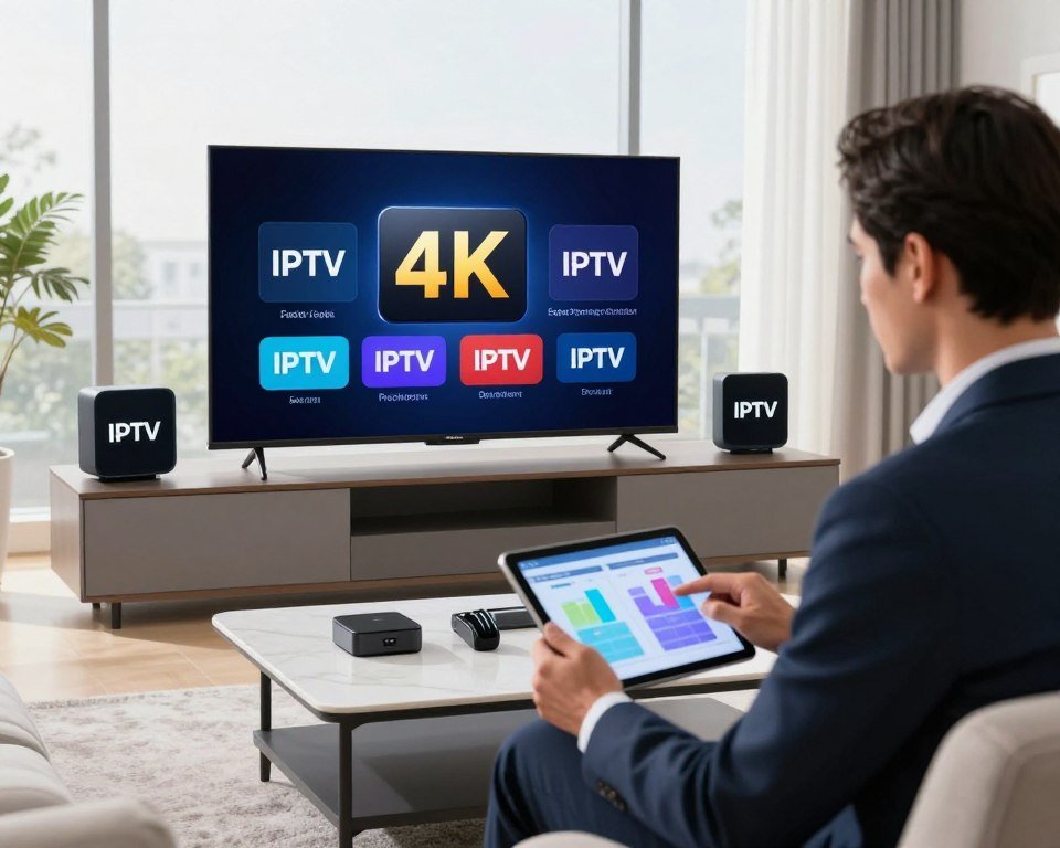 A modern living room showcasing a large flat-screen television with a stunning 4K display, surrounded by various IPTV provider logos on sleek digital devices. In the foreground, a professional businessperson in business attire is analyzing a digital tablet, depicting a focus on technology and services. The middle features a stylish coffee table with charts and comparison graphics, symbolizing the analysis of different IPTV providers. The background shows a bright, inviting space with natural light streaming through large windows, enhancing the clarity of the environment. The overall mood is informative and engaging, conveying a sense of modernity and technological advancement in home entertainment. Soft focus on the edges creates a professional atmosphere.