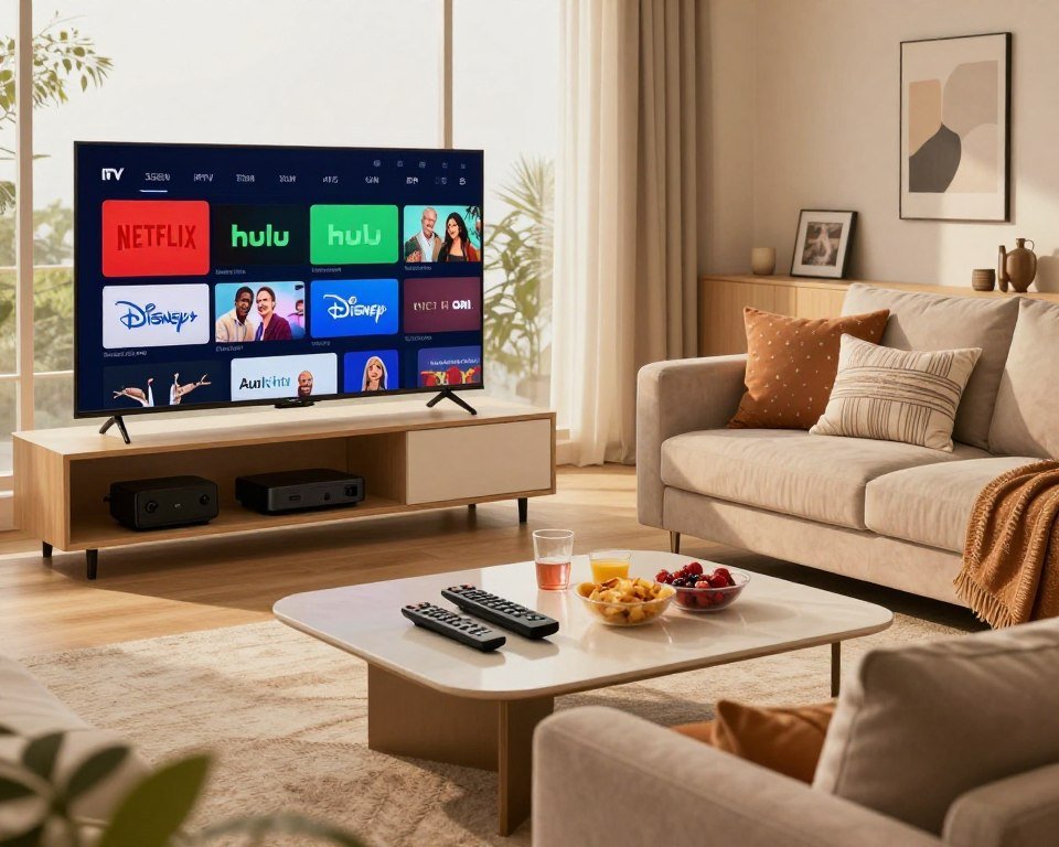 A modern living room showcasing a sleek television displaying a vibrant and comprehensive channel lineup, including popular streaming service logos like Netflix, Hulu, and Disney+. In the foreground, a stylish coffee table adorned with remote controls and snacks invites viewers to relax and enjoy the ultimate entertainment experience. The middle ground features comfortable seating, like a plush sofa with decorative cushions and a neatly organized shelf containing various streaming devices. In the background, large windows let in warm, natural light, enhancing the cozy atmosphere. The scene captures a sense of excitement and comfort, inviting viewers to imagine themselves immersed in premium IPTV options. The perspective is from a slightly elevated angle, emphasizing the inviting nature of the space.