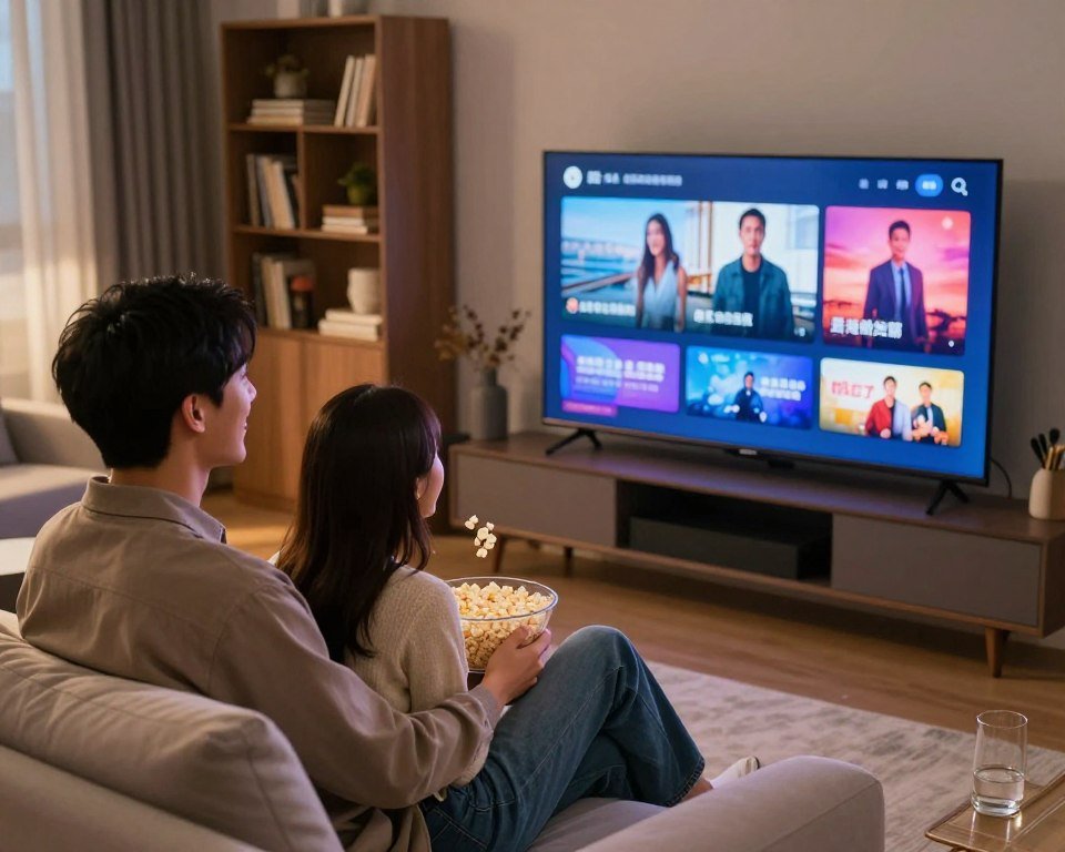 A modern living room showcasing a user enjoying a streaming service on a large flat-screen TV. In the foreground, a young adult male and female, dressed in casual but tidy clothing, are sitting on a comfortable sofa, sharing a popcorn bowl, and smiling while watching an engaging program. In the middle, the TV screen displays colorful graphics from various shows. In the background, a stylish bookshelf and soft lighting create a warm, inviting atmosphere. The lighting is soft and ambient, with a focus on the glow from the TV. The angle of the shot is slightly elevated, capturing both the users’ expressions and the screen content clearly. The overall mood is relaxed and engaging, emphasizing the enjoyment of streaming services.