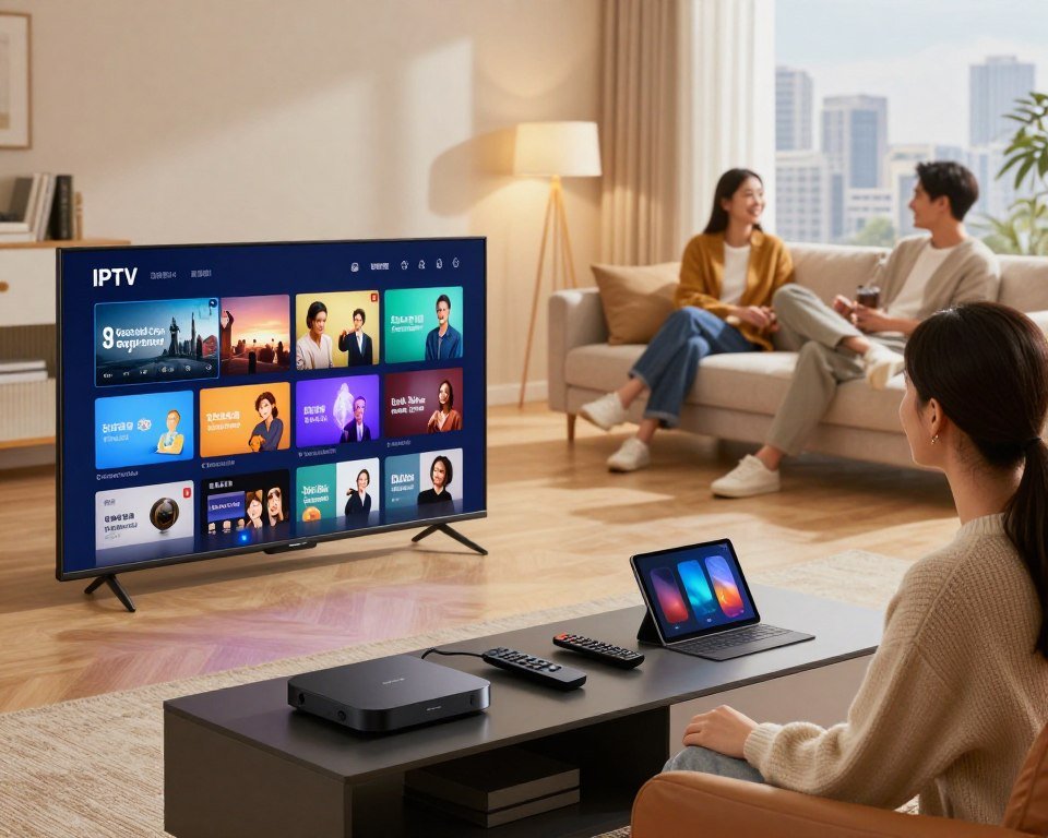 A modern living room showcasing an IPTV streaming service setup. In the foreground, a sleek smart TV is prominently displayed, showing a vibrant interface with various streaming apps. Beside it, a stylish media console holds devices like a streaming box, a remote control, and a tablet. The middle ground features a comfortable sofa with two people casually dressed, engaging with the content on the screen, reflecting ease of use and accessibility. In the background, a well-lit window reveals a cityscape, adding depth. Soft lighting creates a warm atmosphere, emphasizing the cozy and inviting mood of a home theater experience. The angle captures the setup from a slightly elevated perspective, focusing on the harmonious integration of technology in everyday life.