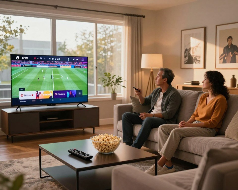 A modern living room showcasing various premium streaming channels on a large high-definition TV. In the foreground, a sleek coffee table holds a remote and a bowl of popcorn. The middle ground features two adults in modest casual clothing, comfortably seated on a plush sofa, engrossed in a thrilling live sports game being broadcasted. Large windows in the background allow natural light to flood in, casting a warm and inviting atmosphere. The walls are adorned with framed art that hints at popular shows and movies available on streaming platforms. The lighting is soft yet vibrant, creating a cozy ambience perfect for enjoying an evening of entertainment. The focus is on togetherness and the enjoyment of cutting-edge IPTV features in the context of Canadian television.